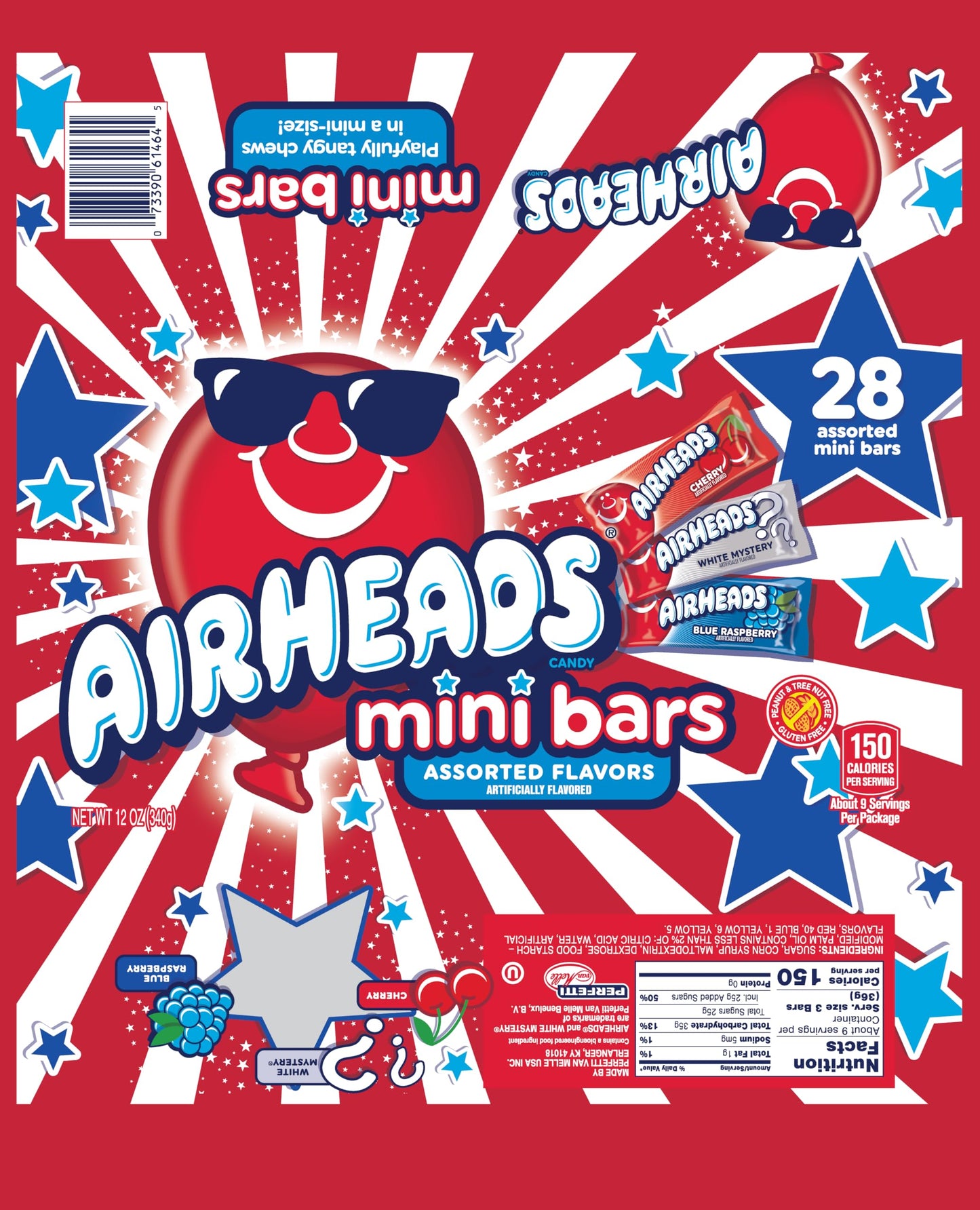 Airheads Mini-Size Bars Red, White & Blue, Taffy Candy Assorted Bag, Individually Wrapped Candy, Three Assorted Flavors, 12Oz