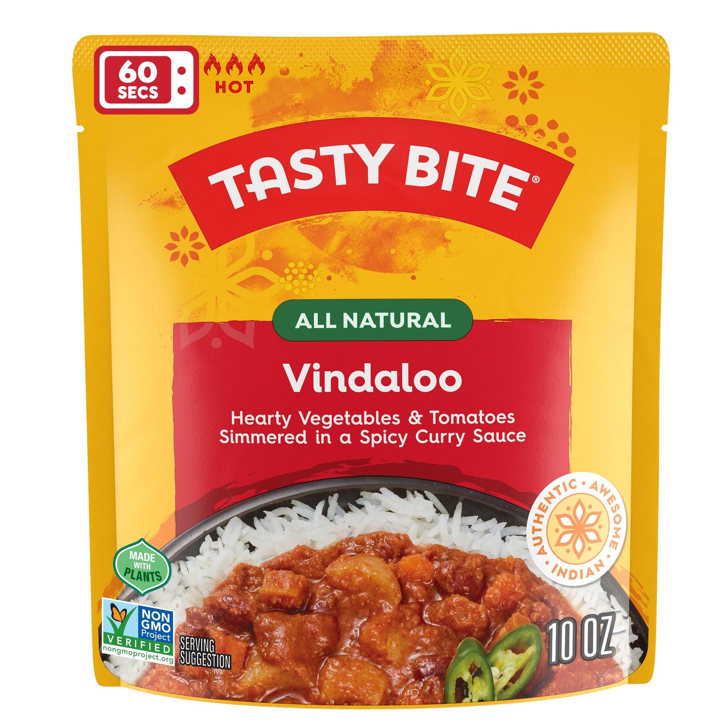 Tasty Bite Hot & Spicy Vindaloo, 10 Ounce, Pack of 6, Ready to Eat, Microwavable Entree, Sweet & Sour, Vegetarian