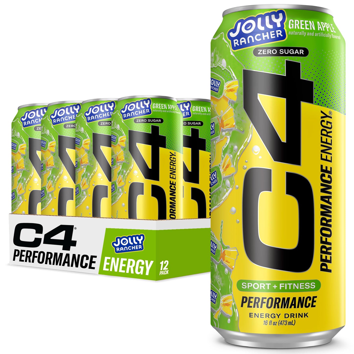 Cellucor C4 Performance Energy Drink, Jolly Rancher Green Apple, Zero Sugar, 200mg Caffeine, 16 Fl Oz (Pack of 12)