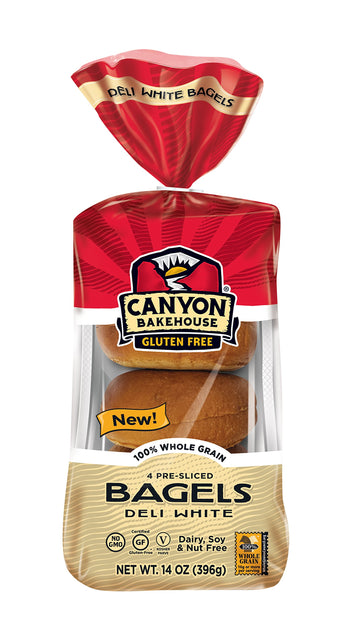 Canyon Bakehouse Deli White Bagels, Gluten Free Bagels, 100% Whole Grain, Fresh, 4 Count