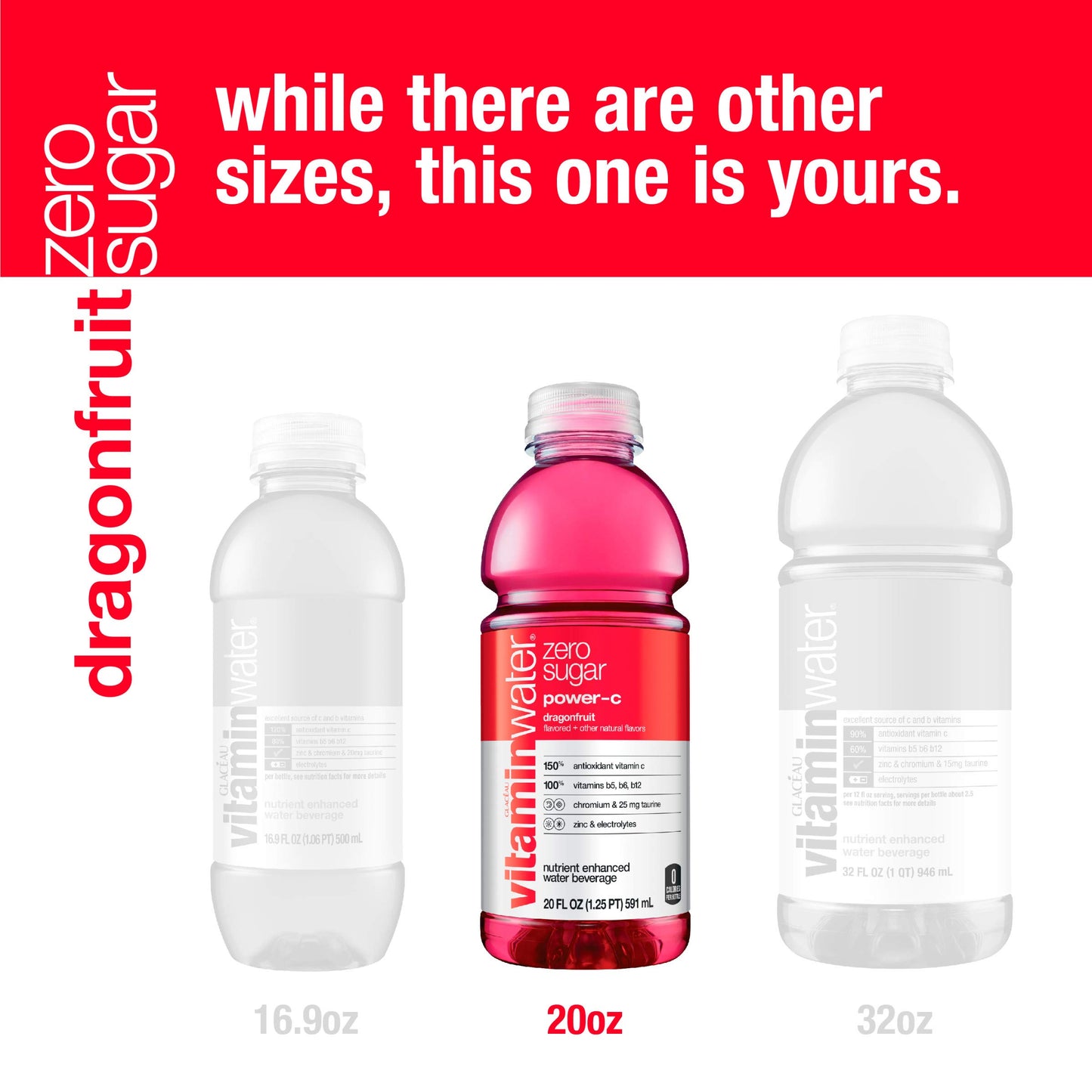 GLACEAU vitaminwater Zero Sugar Power-C, Electrolyte Enhanced, Dragonfruit, 20 Fl Oz (Pack of 12)