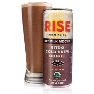 Rise Brewing Co. Oat Milk Mocha Nitro Cold Brew Latte, Vegan & Non-Dairy, Organic, Non-Gmo, Low Acidity, 7 Fl. Oz. Cans (12 Pack