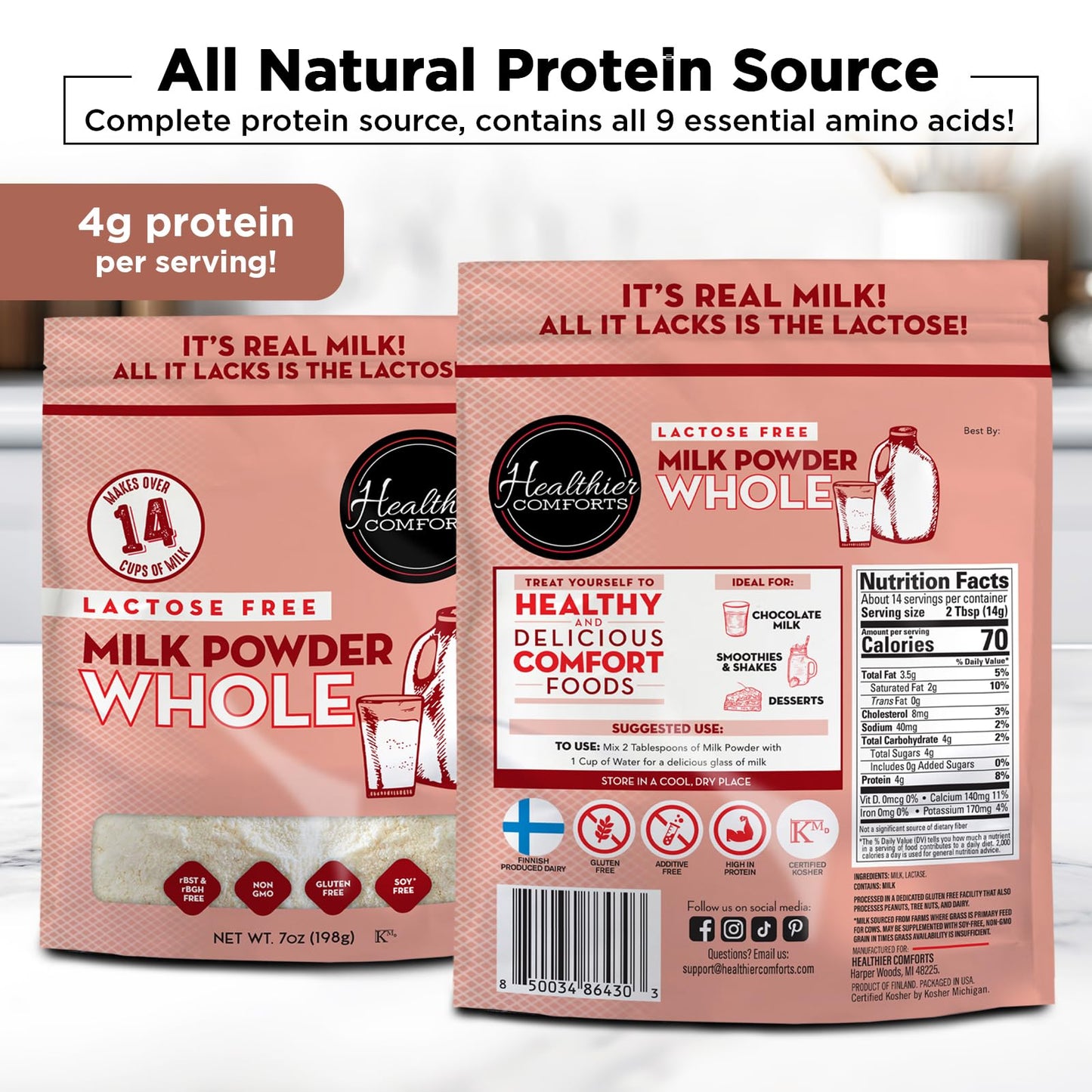 Healthier Comforts Lactose Free Whole Milk Powder, Non-GMO, Gluten Free, 21 oz