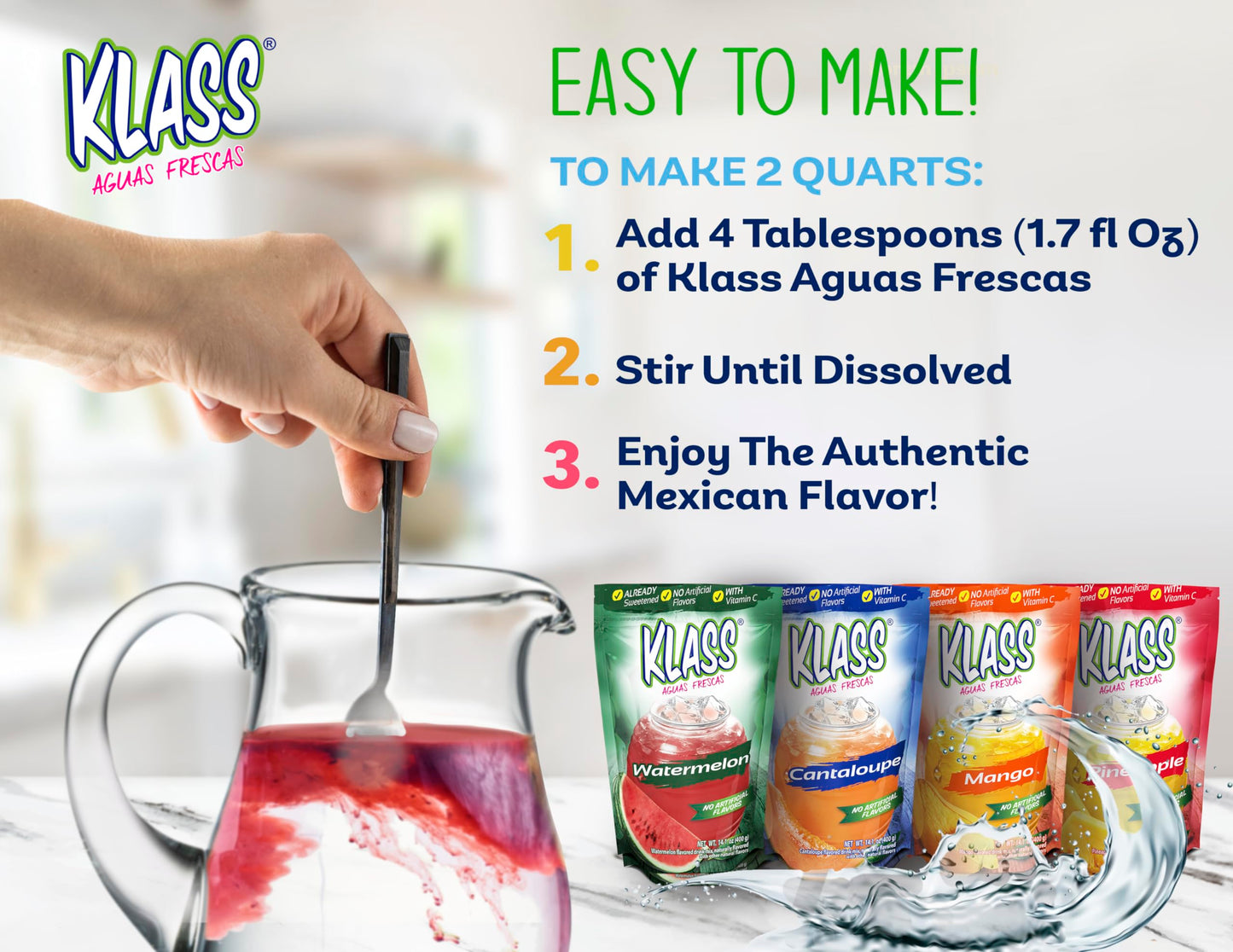 Klass Aguas Frescas Tropical Drink Mix Variety Pack - Watermelon, Cantaloupe, Mango & Pineapple, 14.1 Oz (4-Pack) - No Artificial Flavors, Vitamin C