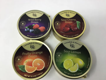Cavendish & Harvey | Variety Flavor Hard Candy Drops | Orange Wild Berry Sour Lemon & Sour Cherry | 5.3 Ounce Tins - 4 Pack