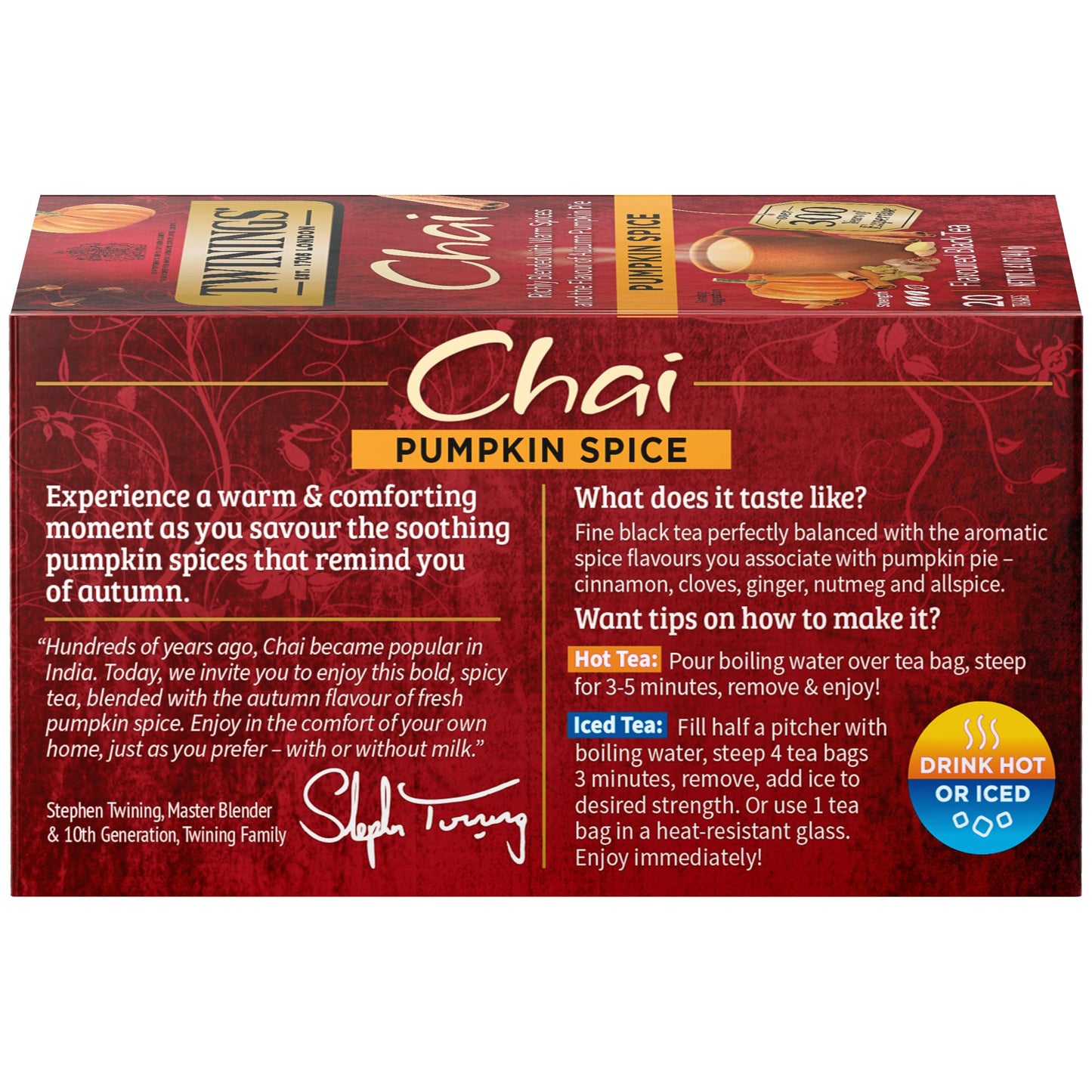 Twinings Pumpkin Spice Chai Black Tea Individually Wrapped Bags, 20 Count (Pack Of 6), Warm, Spicy & Aromatic, Caffeinated, Enjoy Hot Or Iced
