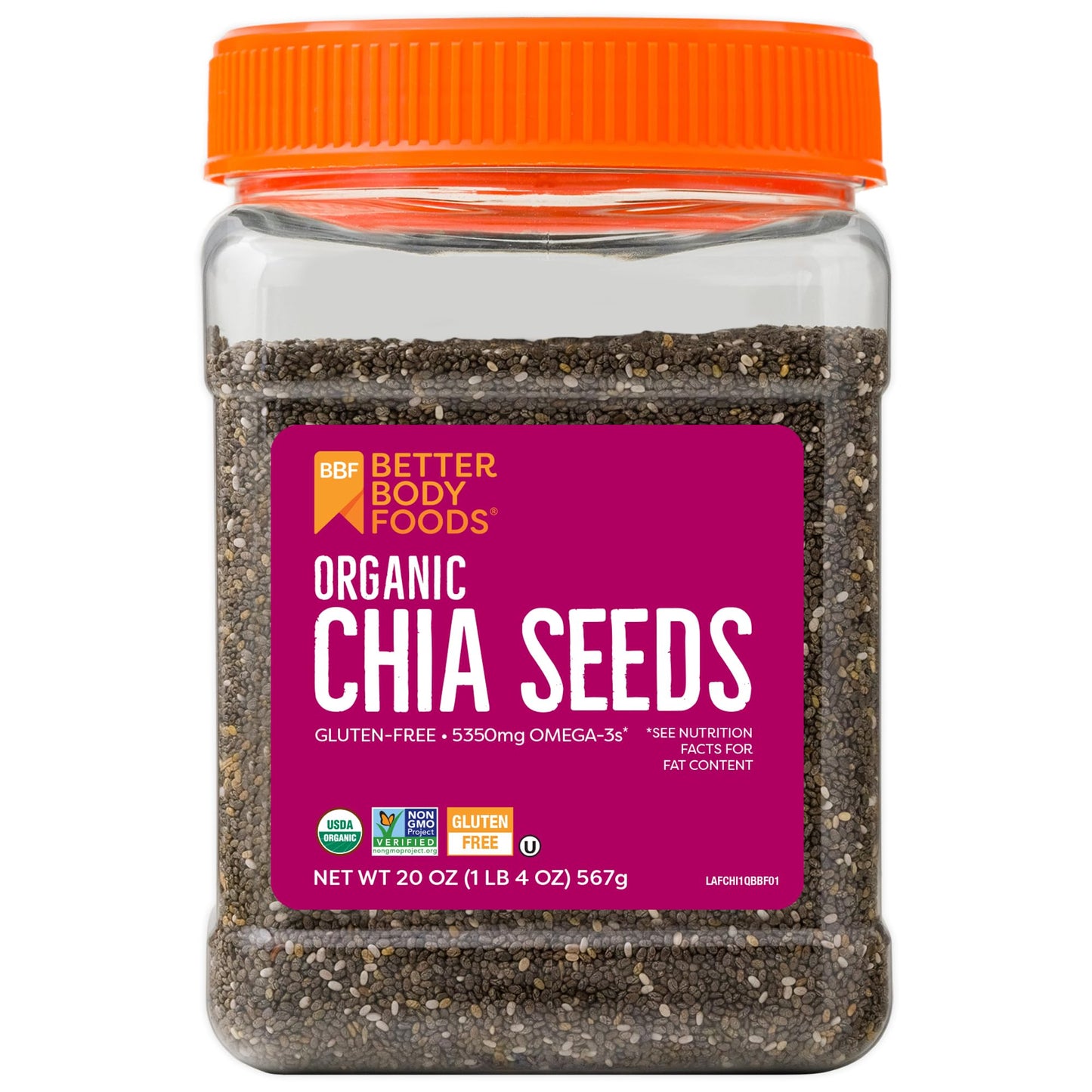 Betterbody Foods Organic Chia Seeds With Omega-3, Non-Gmo, Gluten Free, Keto Diet Friendly, Vegan, Good Source Of Fiber, Add To Smoothies, 1.25Lb