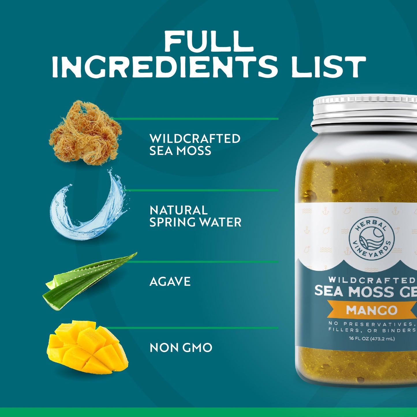 Herbal Vineyards Wildcrafted Irish Mango Sea Moss Gel 16 Oz - Organic Seamoss Gel Made With Dried Seaweed & Fresh Sea Vegetables