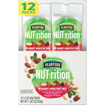 Planters Nut-Rition Heart Healthy Mix, 1.5 Oz Bags (Pack Of 12) - On-The-Go Snack, Work Snack, School Snack And Active Lifestyle