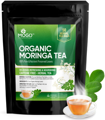 Mogo Organic Moringa Tea Bags - 50 Count,100% Pure,Caffeine Free,Rich Aroma And Taste, Enhanced Grade Moringa Tea Leaves, Antioxidants Rich Herbal Green Tea