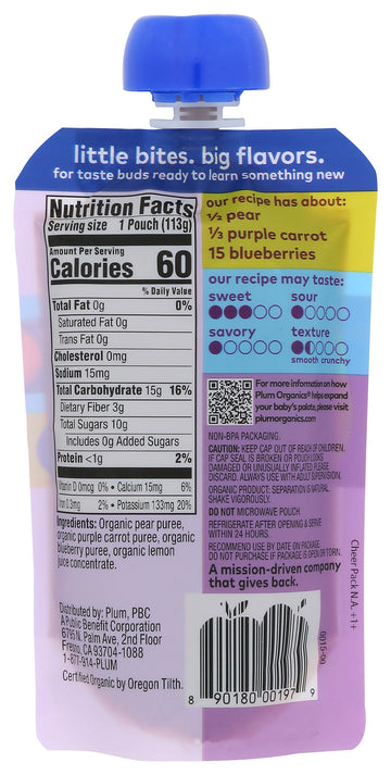 Plum Organics, Baby Food Blueberry Pear And Purple Carrot Organic, 4 Ounce