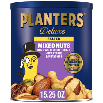 PLANTERS Deluxe Salted Mixed Nuts, Plant-Based Protein, 15.25 oz Canister