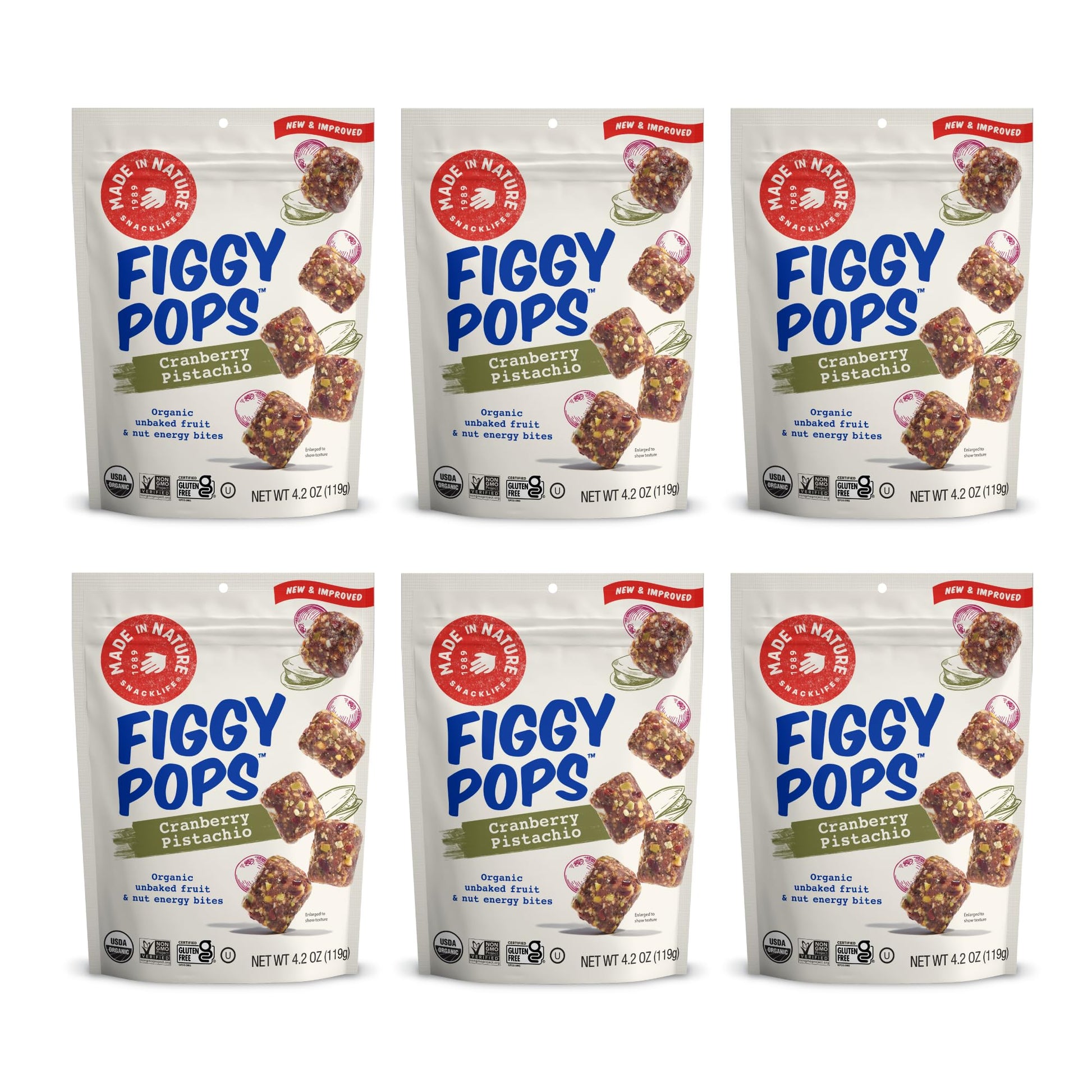 Made In Nature Organic Figgy Pops, Cranberry Pistachio, 4.2 Ounce (Pack of 6) - Unbaked Fruit & Nut Energy Bites, Non-GMO, Glute