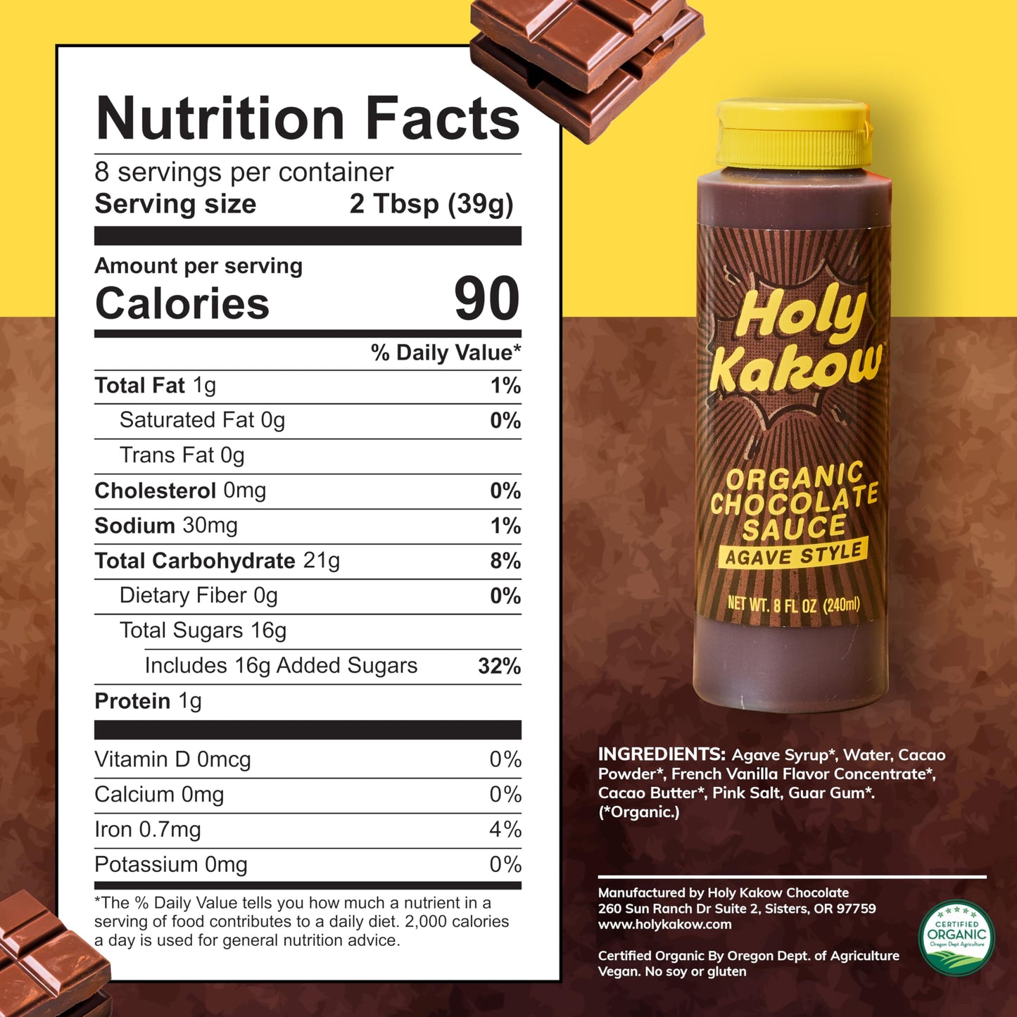 Holy Kakow Organic Chocolate Sauce - Sugar Free Agave Sweetened Syrup, 8oz, Real Food Ingredients