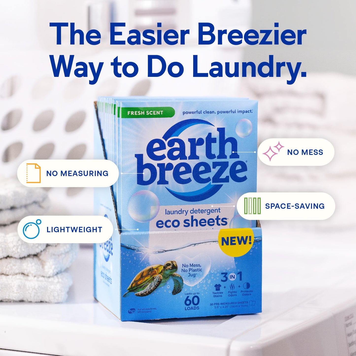 Earth Breeze Laundry Detergent Sheets - Fresh Scent - No Plastic Jug (60 Loads) 30 Sheets, Liquidless Technologya