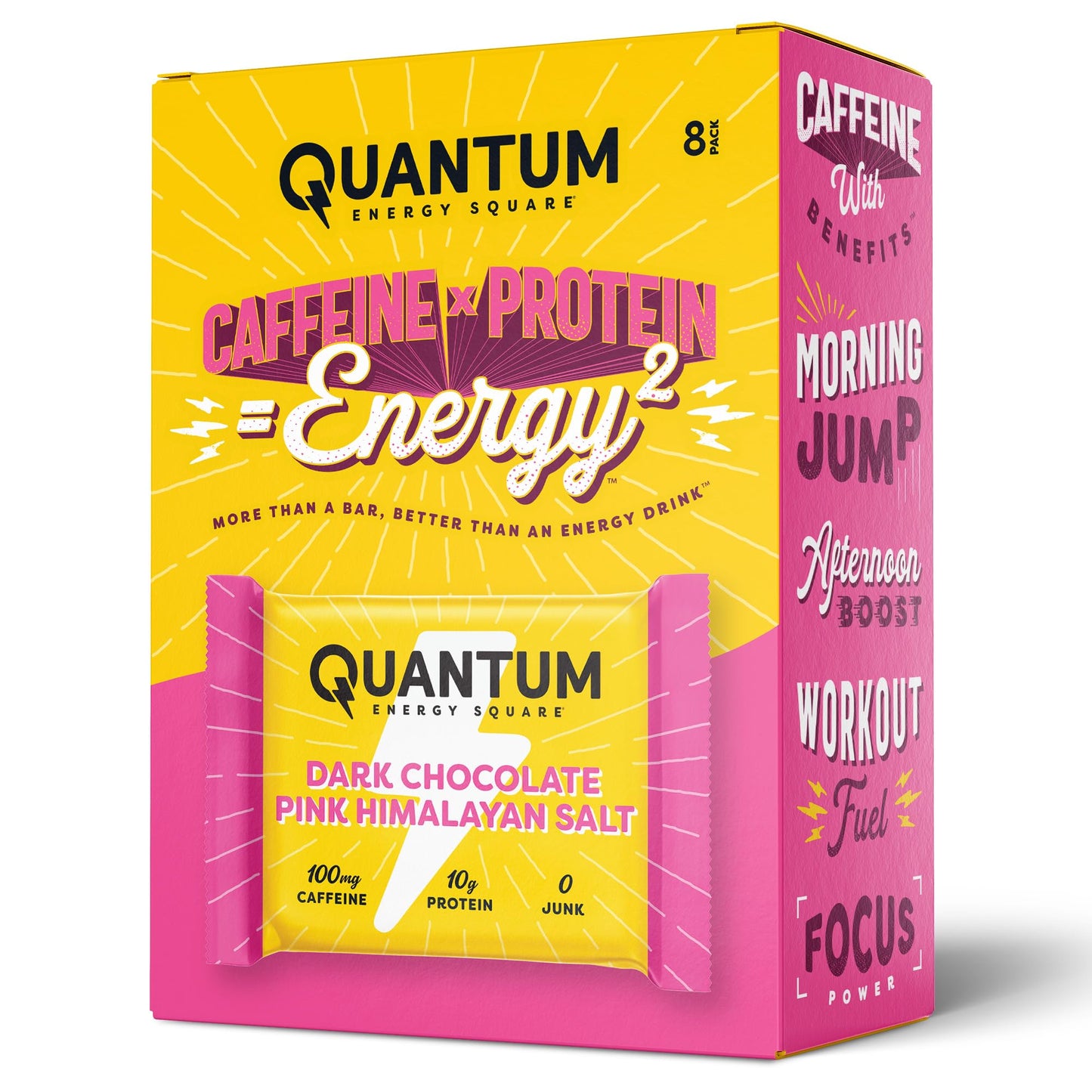 Quantum Energy Square: Energy Bar With Caffeine & 10G Protein. Delicious Healthy Snack On The Go. (Vegan, Gluten-Free, Soy-Free, Dairy-Free) (Dark Chocolate Pink Himalayan Salt)