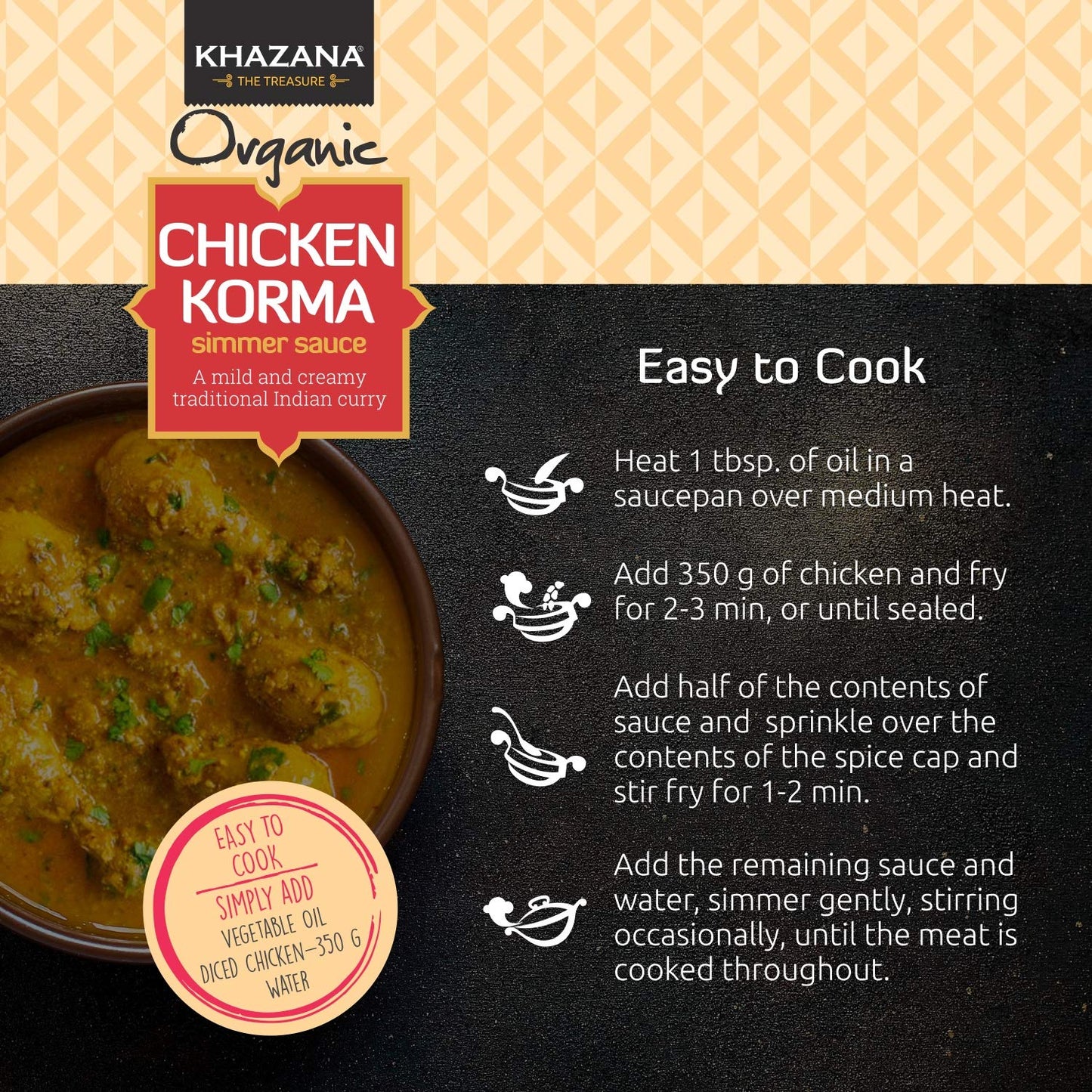 Khazana Organic Chicken Korma Indian Simmer Sauce - 6 X 12.7Oz Jars | Non-Gmo, Vegan, Gluten Free, Kosher | Authentic Indian Mea