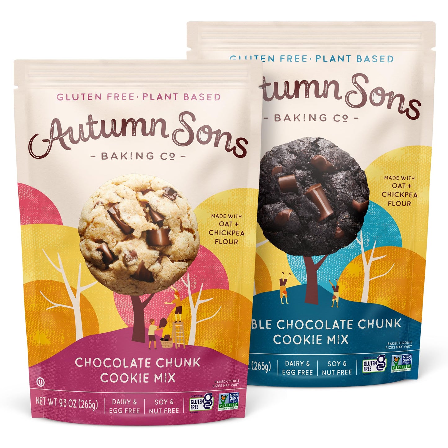 Autumn Sons Baking Co. Gluten Free Chocolate Chunk & Double Chocolate Chunk Cookie Mix Combo Pack. Vegan Plant Based Baking Mix. Top 9 Allergen Free. 9.3 Oz (Pack Of 2)