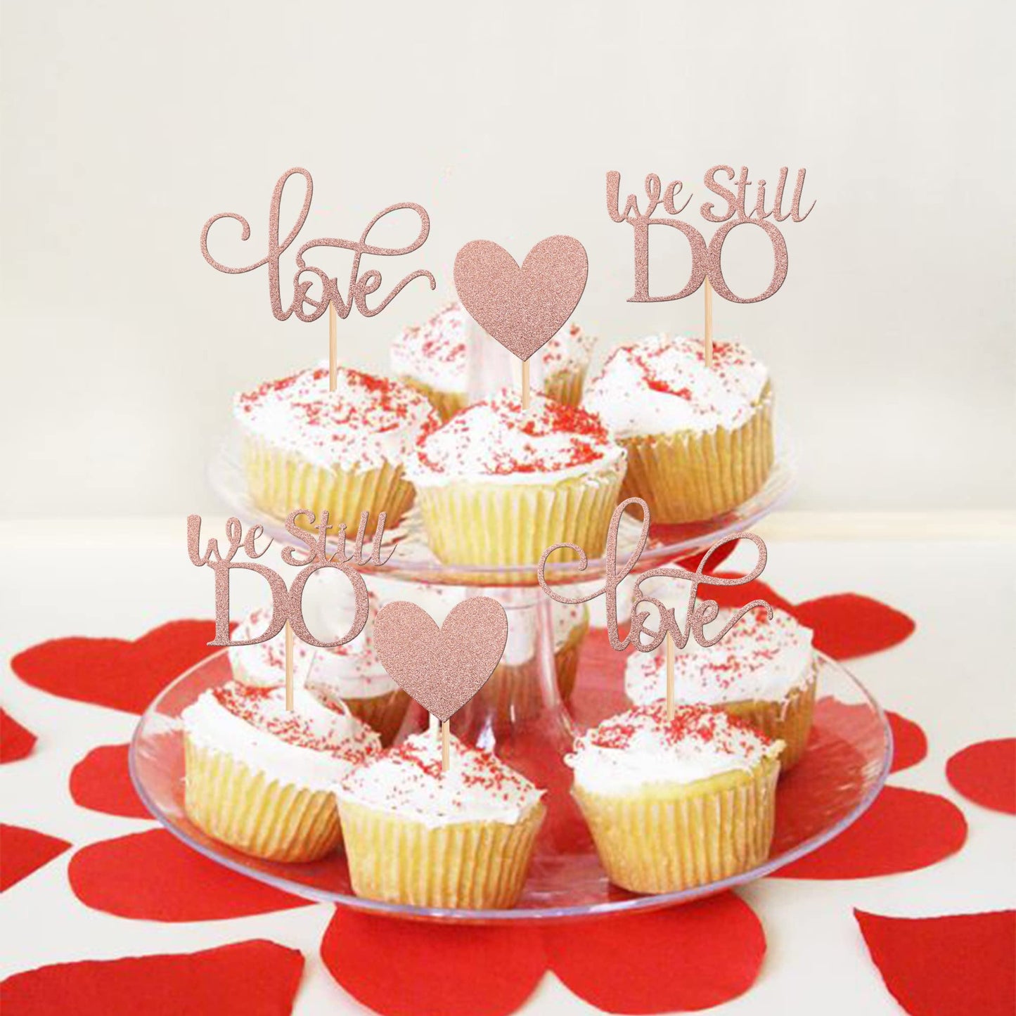 YCTHUNFISH Cupcake Toppers - 24 Pack Glitter Love Heart - Rose Gold Paper Decorations for Weddings, Anniversaries, and Birthdays