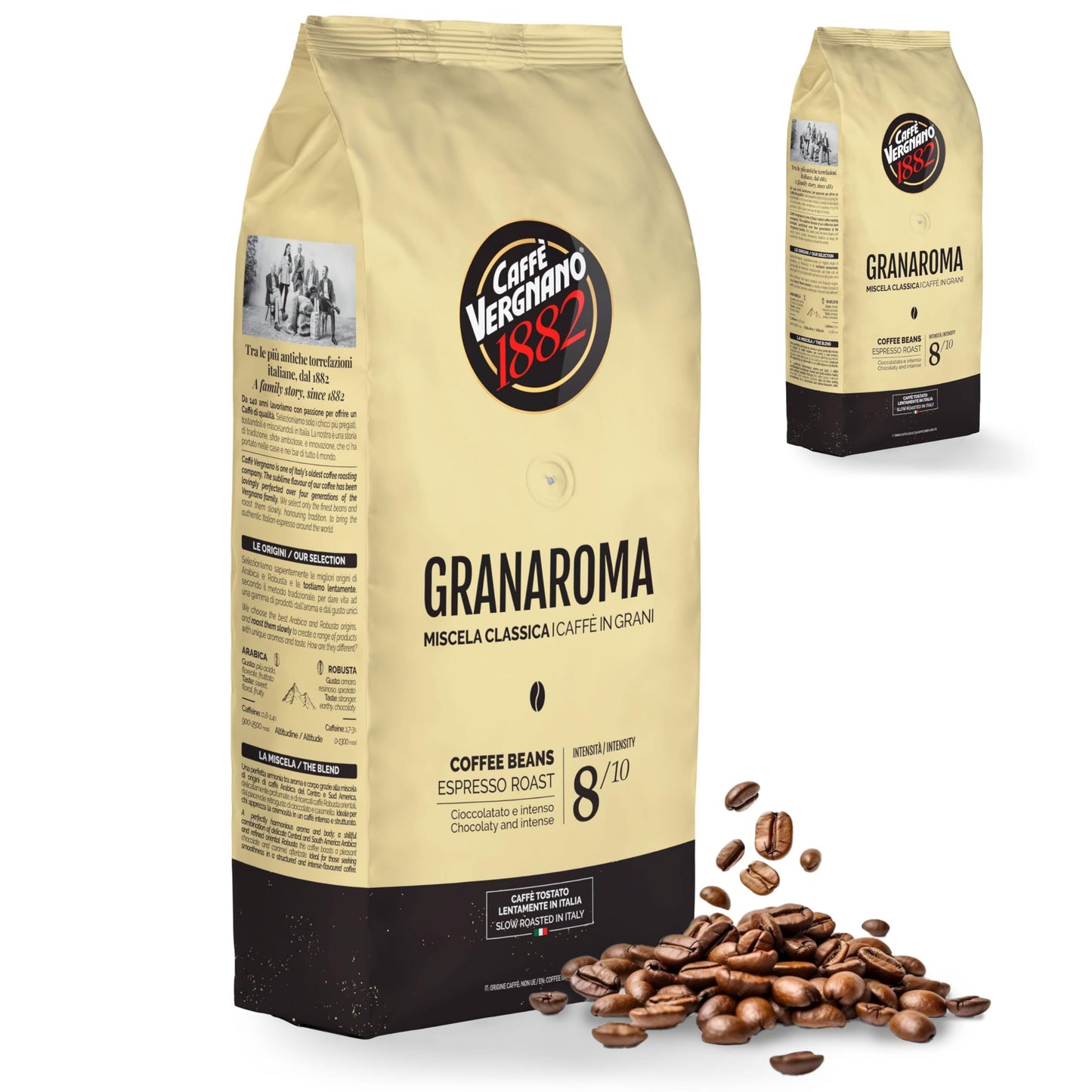 Caffe Vergnano 1882 Gran Aroma Whole Bean Arabica Medium Espresso Roast Coffee 2.2Lbs Bag - Italian Coffee Beans With Rich Notes Of Cocoa Spices & Dried Fruit Intensity 8/10-1000G Bag (2 Pk)