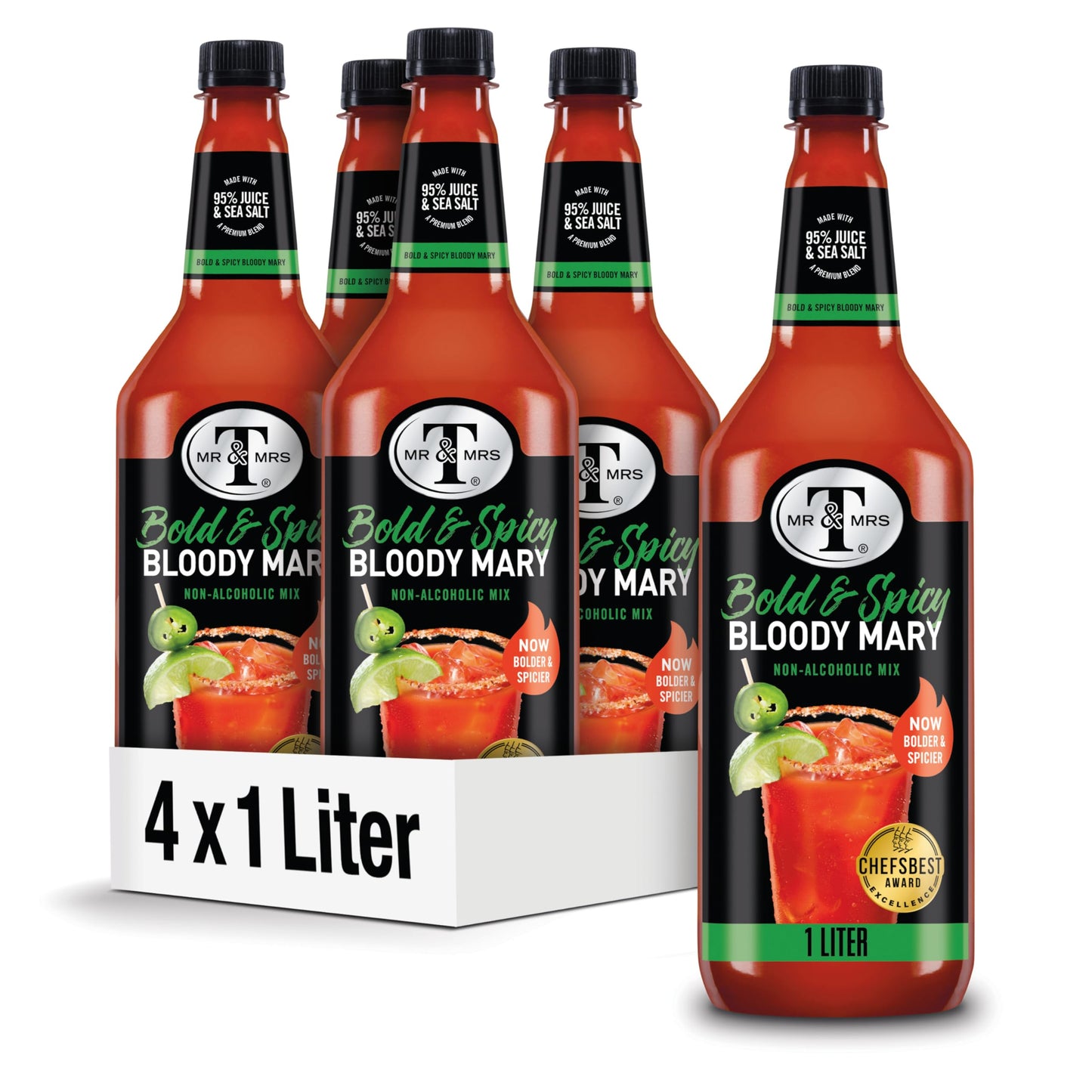 Mr & Mrs T Bloody Mary Mix, Spicy Cocktail Juice Mixer, Pack of 4, 1 L Bottle