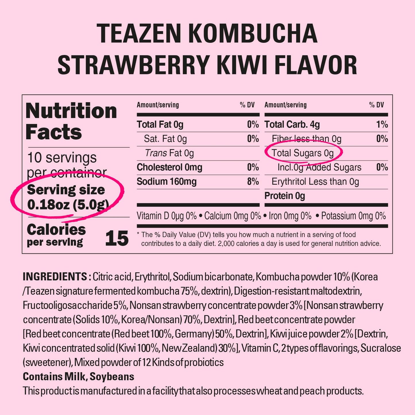 TEAZEN Strawberry Kiwi Kombucha Tea, Sugar Free Hydration Drink Mix, 10 Sticks, 1.76oz