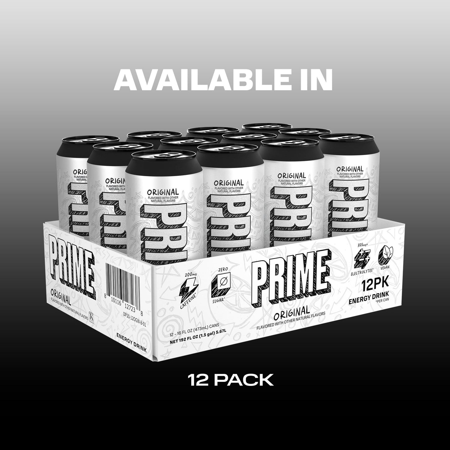 PRIME Energy Drink, Zero Sugar, 200mg Caffeine, 355mg Electrolytes, Vegan, Gluten Free, 16 Oz, Pack of 12