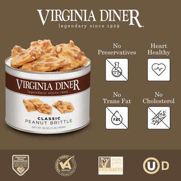 Virginia Diner Gourmet Natural Classic Peanut Brittle - Xl Buttery Virginia Peanuts Non-Gmo, Preservative Free Gifts From Virginia Since 1929-16 Oz Can
