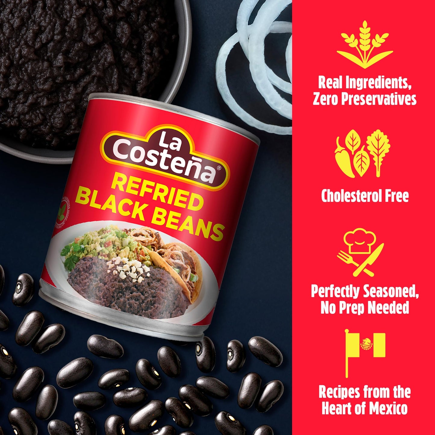 La Costea Refried Black Beans - Ready-to-Eat Canned Refried Beans for Mexican Food, Mexican Rice, Nacho Bean Dip, Bean Burrito,