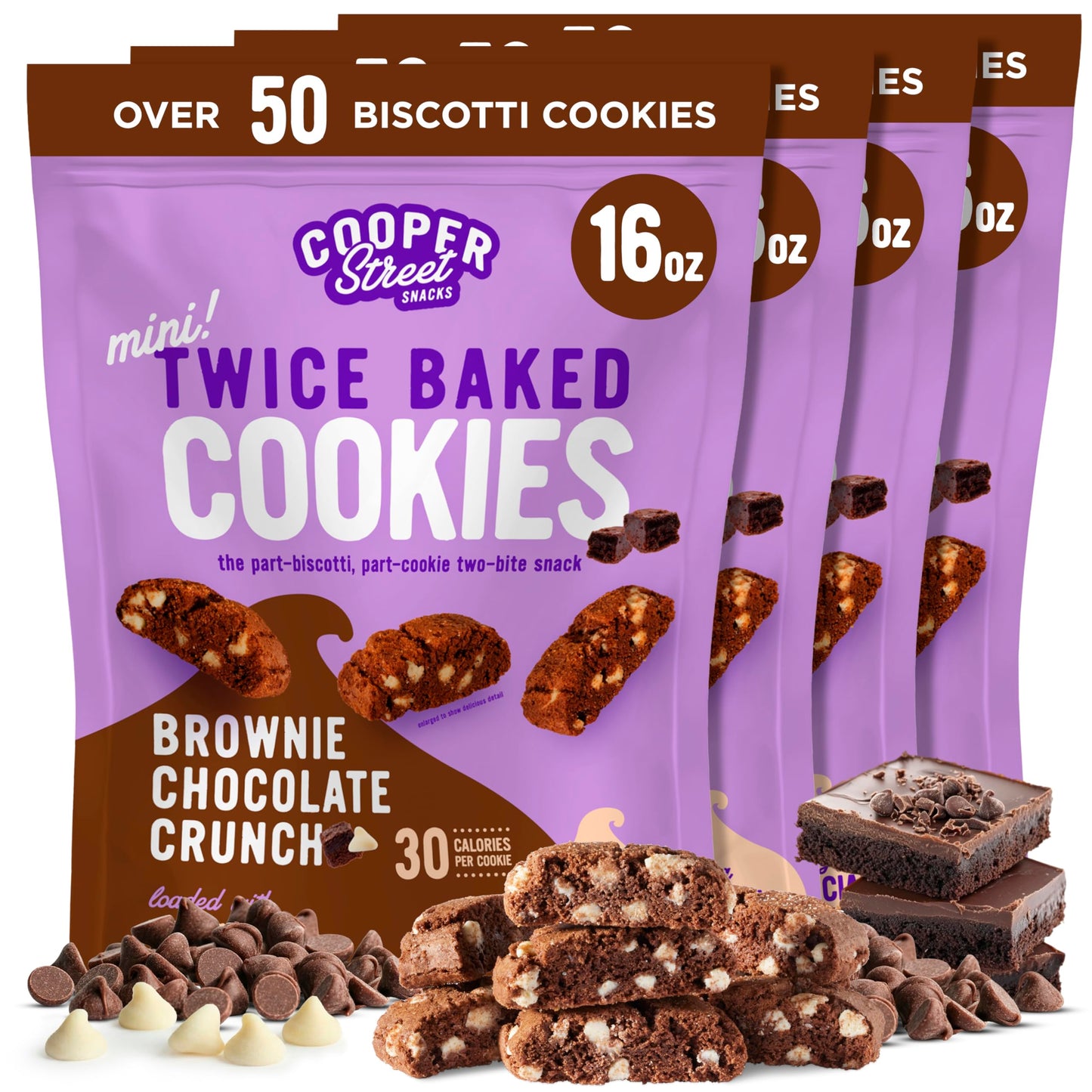 Cooper Street Twice-Baked Brownie Chocolate Biscotti Cookies (16Oz Each Pack Of 4) - 50 Two-Bite Mini Italian Style Snacks - Dairy-Free Peanut Free Kosher Low-Calorie Perfect With Coffee Or Tea