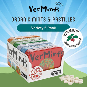 Organic Breath Mints By Vermints, Variety Pack With 6 Flavors, All Natural, Non-Gmo, Nut Free, Gluten Free, Vegan, Ksa Kosher, 1.41Oz Tins