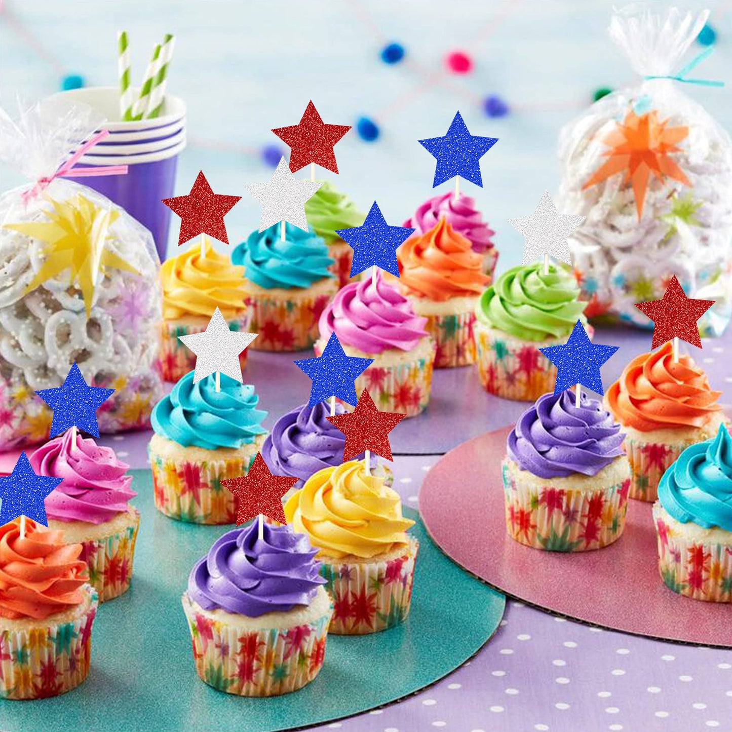 ZHUOWEISM 36 PCS Cupcake Toppers Blue Red Silver - Bamboo Independence Day Decorations for Birthday Parties