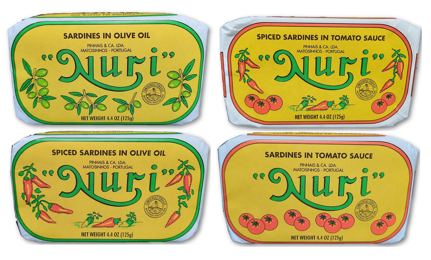 Nuri Portuguese Sardines Variety Pack | 4 Pack Bundle | One Of Each | Pure Olive Oil, Spiced Pure Olive Oil, Tomato And Olive Oi