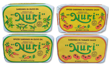 Nuri Portuguese Sardines Variety Pack | 4 Pack Bundle | One Of Each | Pure Olive Oil, Spiced Pure Olive Oil, Tomato And Olive Oi