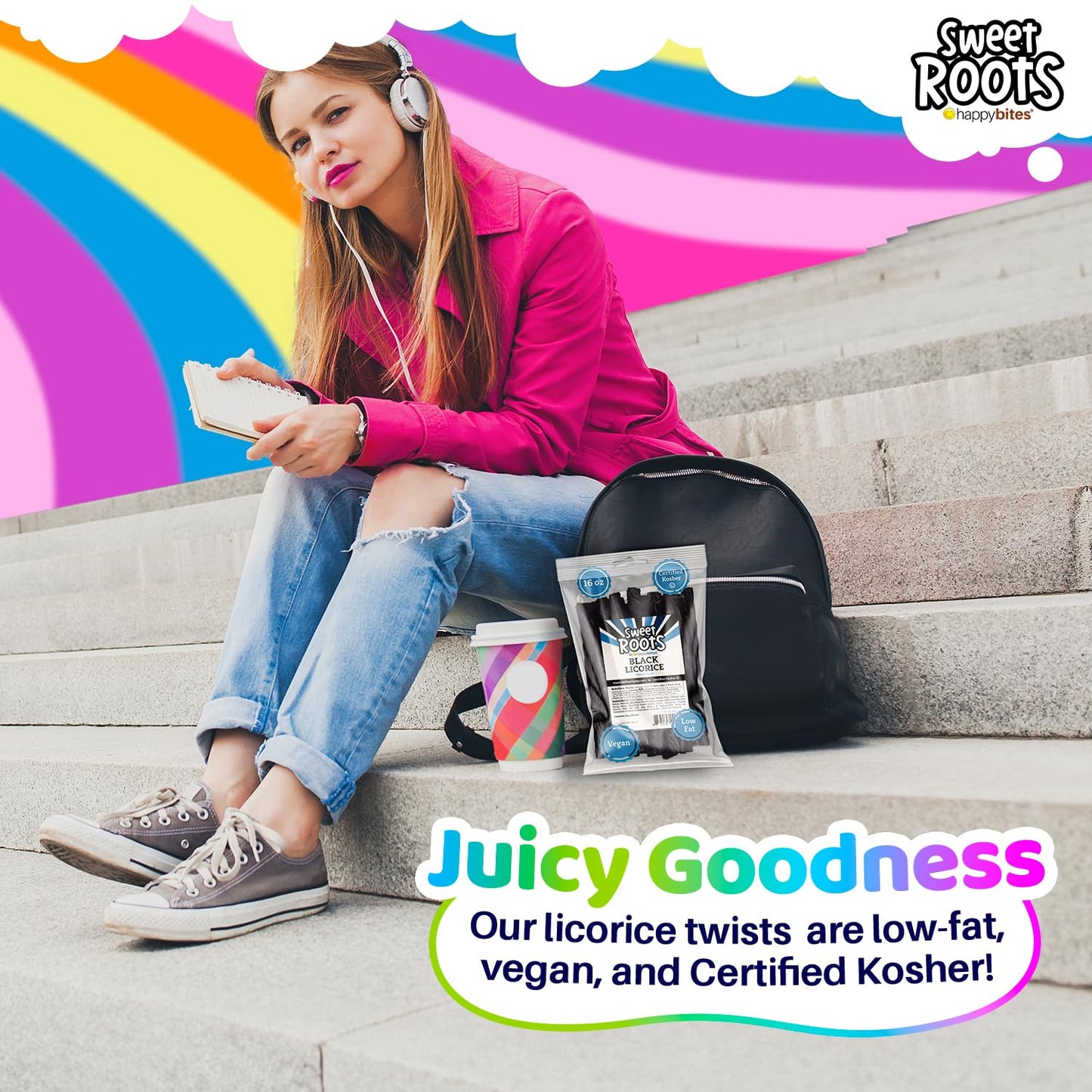 Sweet Roots By Happy Bites Black Licorice Twists (16 Oz) - Jumbo Size - Certified Kosher - Vegan - Gourmet - Low Fat