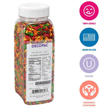 DECOPAC Harvest Thanksgiving Quins, 18oz, Fancy Sprinkles In Pumpkin, Leaf & Haystack Shapes, Candy Sprinkles in Handheld Contai