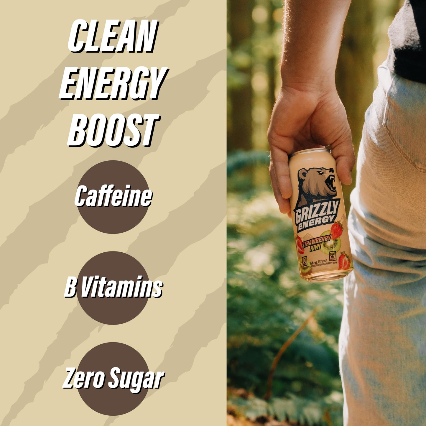 Grizzly dietary products Energy Drink Strawberry Kiwi - 10 Calories, Zero Sugar - 12 Pack (16 fl oz Cans)