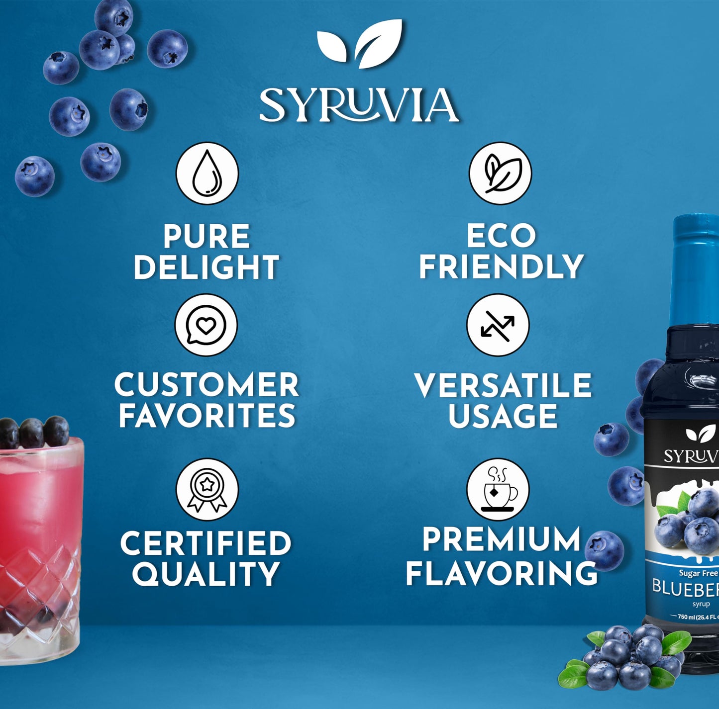 Syruvia Sugar-Free Blueberry Syrup - 25.4 Fl Oz Premium Coffee Flavoring Syrup. 0 Calories, Kosher, And Gluten-Free. Perfect For