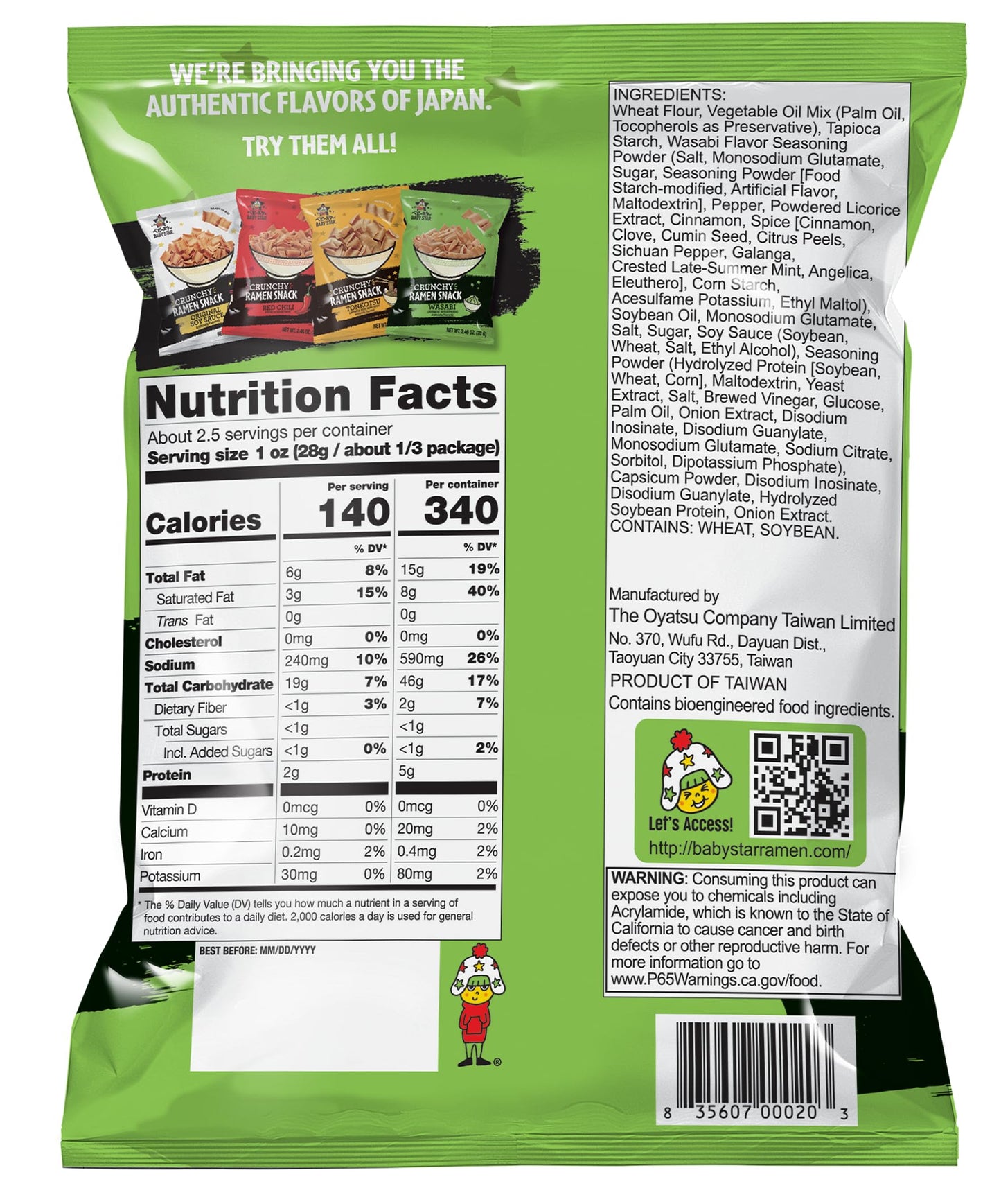 Baby Star Crunchy Ramen Snack Wide | Wasabi 2.46Oz (6 Pack) | Delicious Dry Ramen Snack Packs