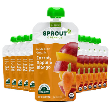 Sprout Organic Baby Food, Stage 2 Pouches, Fruit & Veggie Blend, Carrot Apple Mango, 3.5 Oz Purees (Pack Of 12)