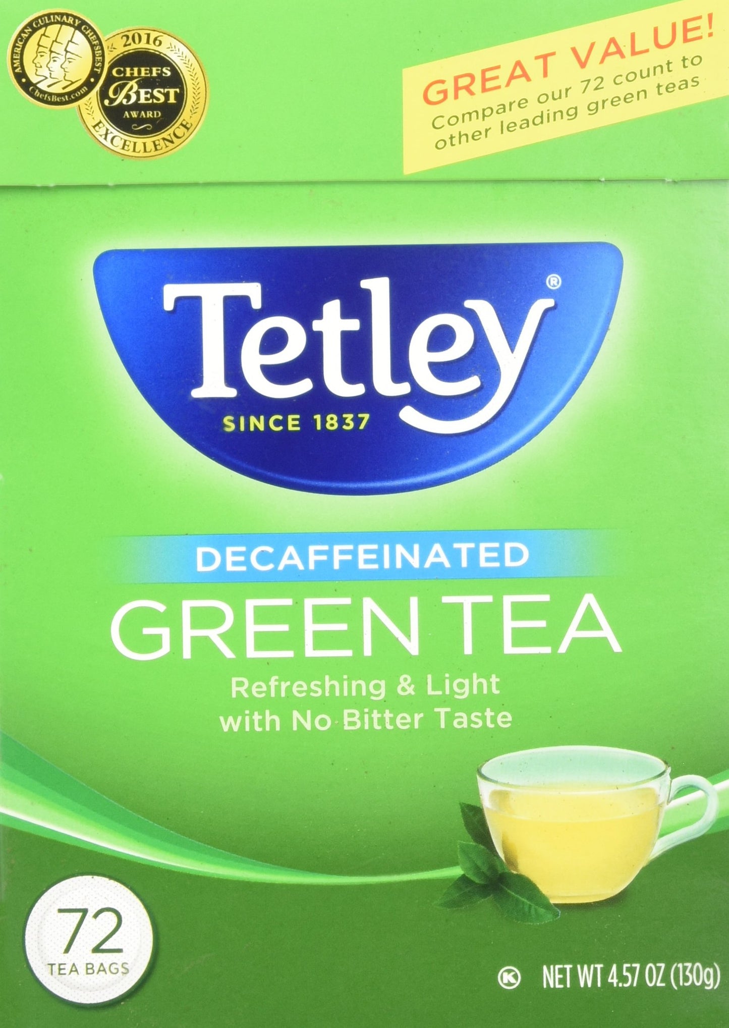 Tetley Green Tea, Decaffeinated - 72 Bags, 4.57 Oz Box