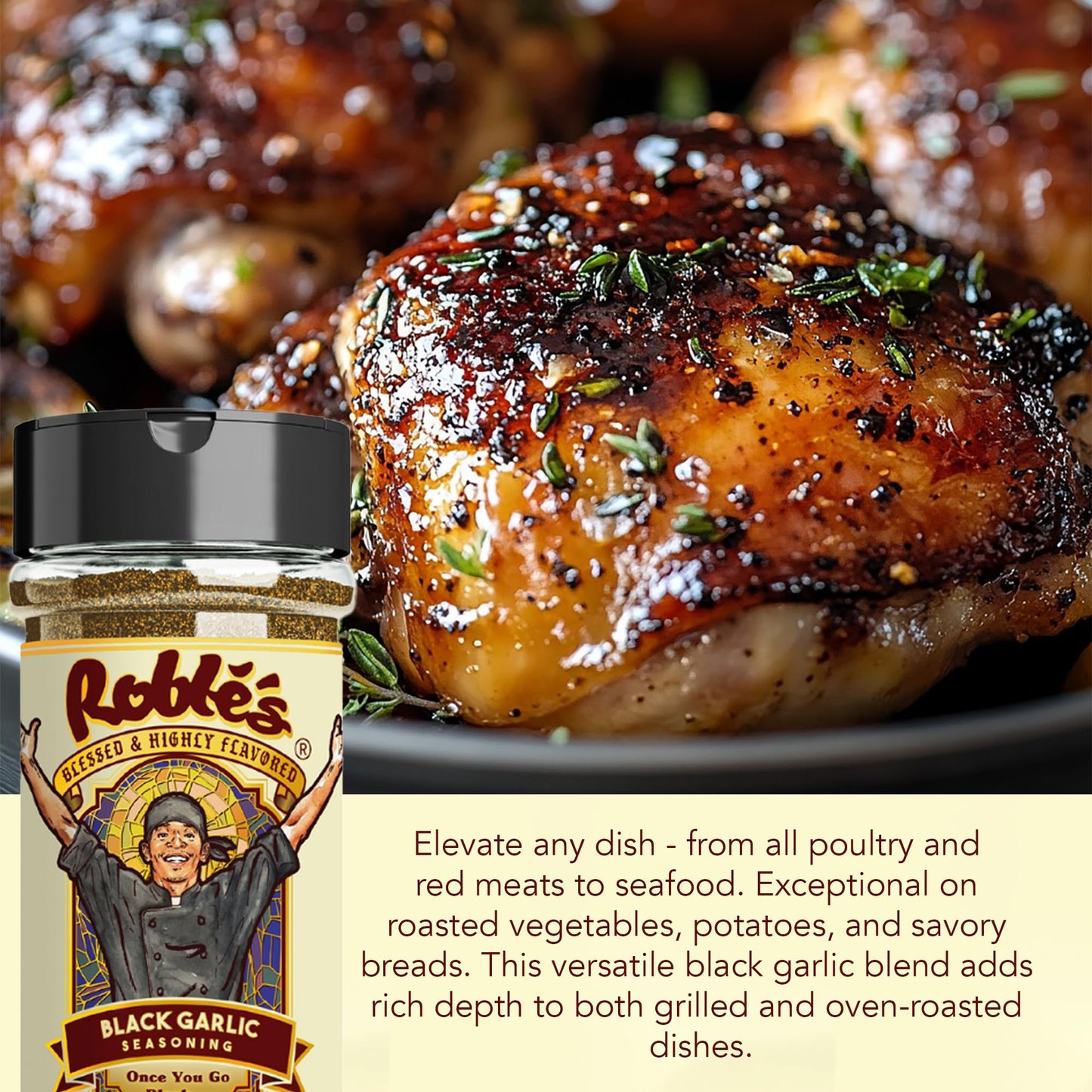 Blessed and Highly Flavored Black Garlic Seasoning, Gluten-Free, Low Sodium, 6.1 Ounce, Natural Spice Blend for Grilling and Cooking
