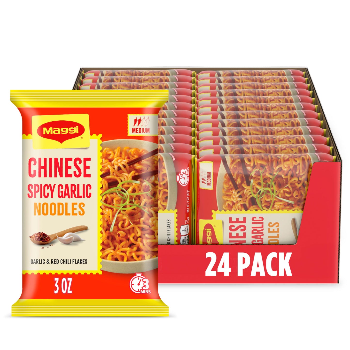 Maggi Chinese Spicy Garlic Noodles, Instant Ramen Noodles, 3 min, Vegetarian, Halal, Kosher, 24-Pack
