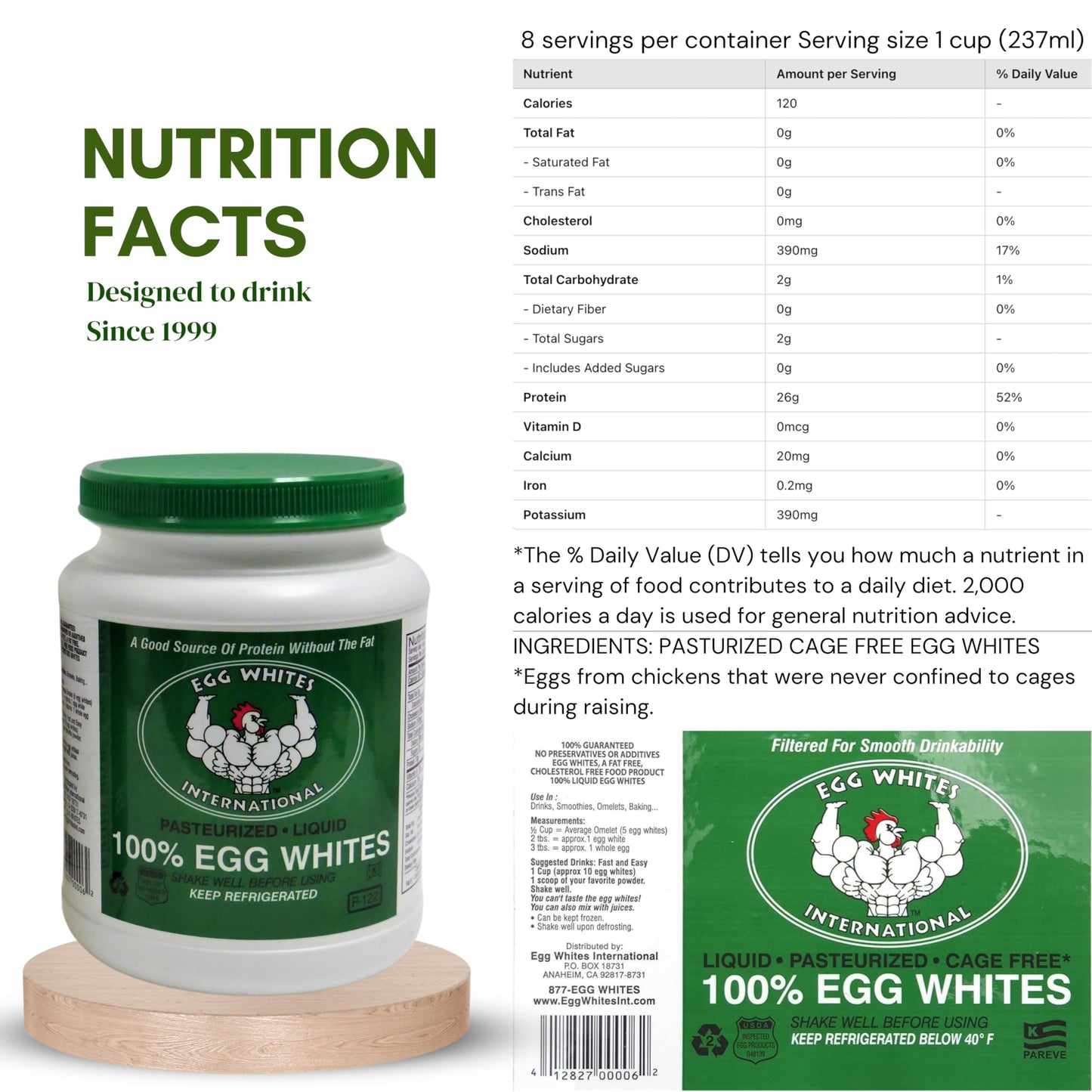 Egg Whites International 100% Pure Liquid Egg White Protein Designed to Drink. NOW 100% CAGE FREE (1 Half Gallon)