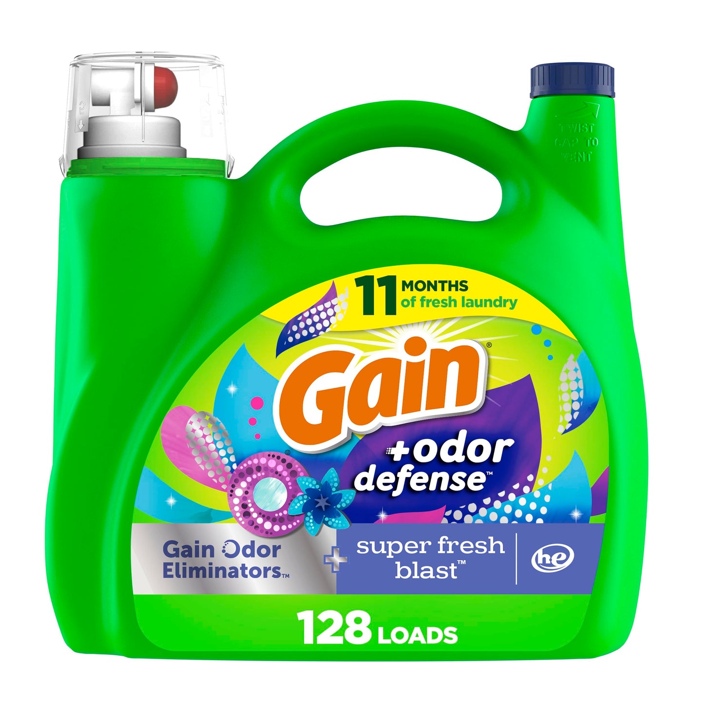 Gain + Odor Defense Liquid Laundry Detergent, He Compatible, Super Fresh Blast Scent, 184 Fl Oz, 128 Loads