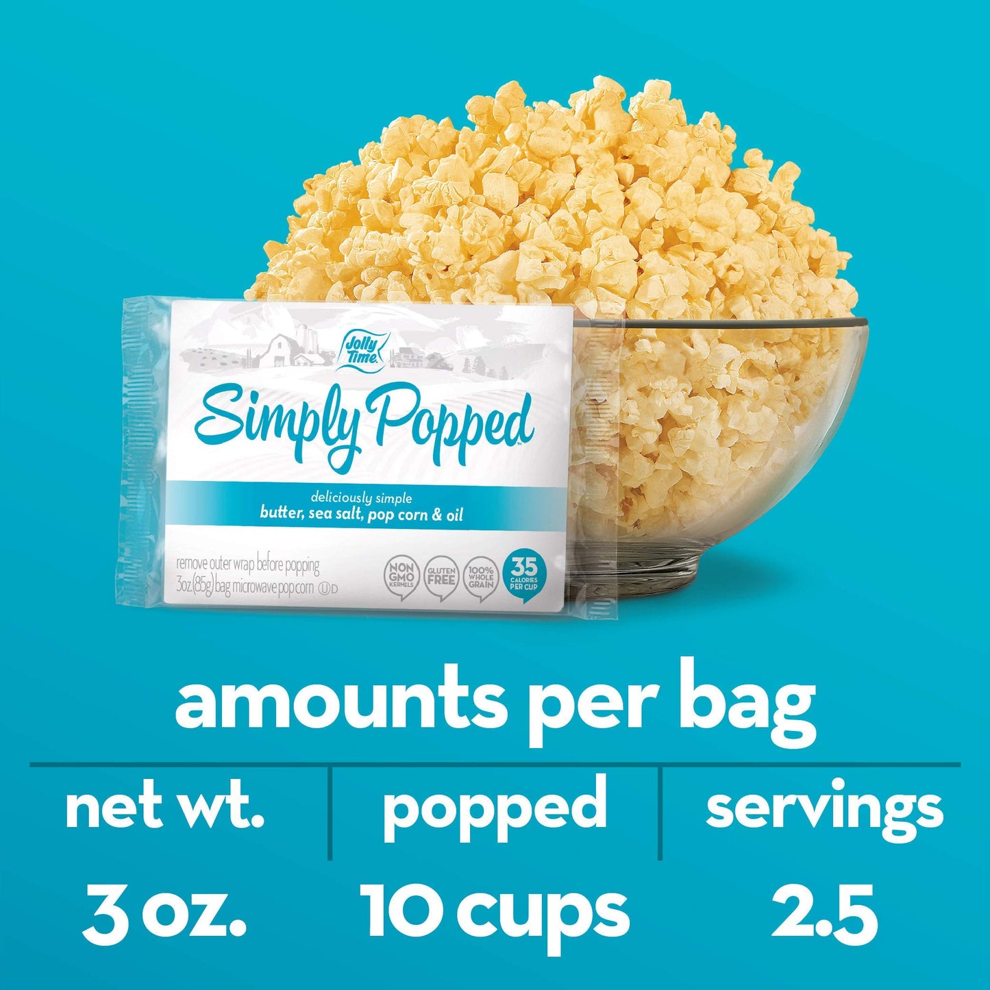 Jolly Time Simply Popped Microwave Popcorn, Lightly Salted, 3oz Sharing Bag, Pack of 12