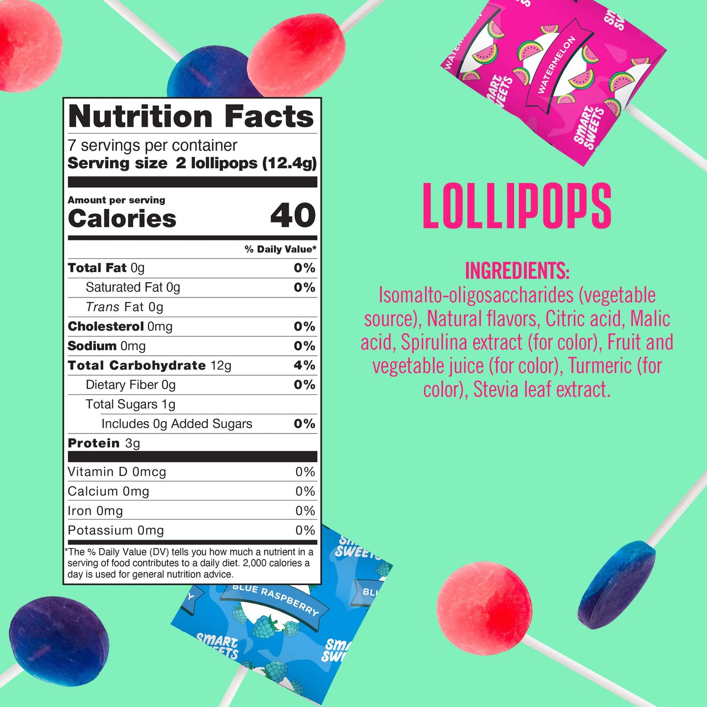 SmartSweets Blue Raspberry & Watermelon Lollipops, 3oz Hard Candy, Low Sugar (1g), Low Calorie (40), Gluten-Free, Plant-Based