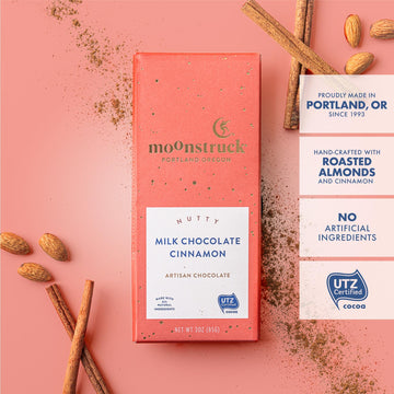 Moonstruck Chocolate Milk Chocolate Bar With Cinnamon Vanilla And Almond, 31% Cacao, 3.0Oz (Pack Of 4)