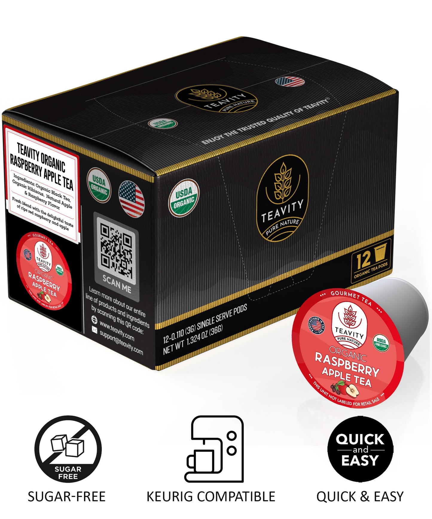 Organic Raspberry Apple Black Tea Pods For Keurig - Naturally Caffeinated Fruit Tea By Teavity (36 Tea Pods)