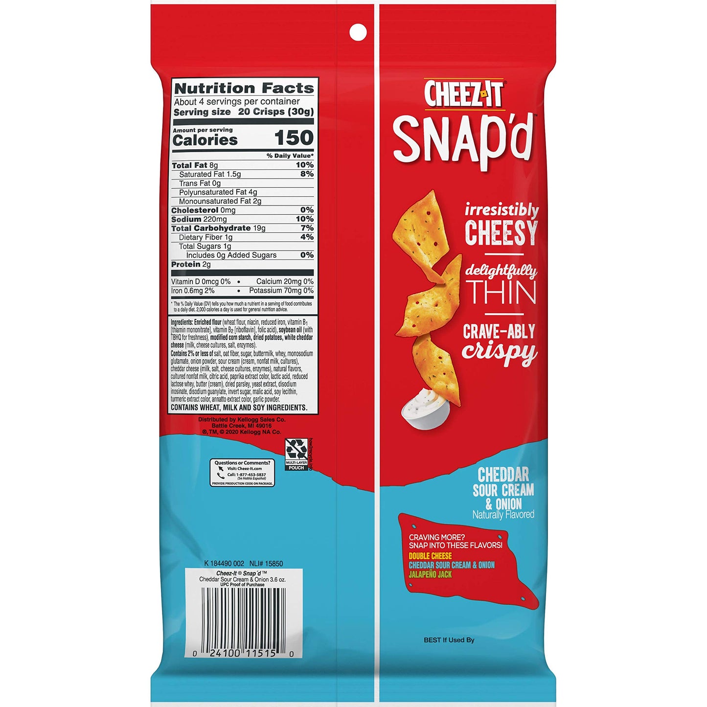 Cheez-It Snapd Cheese er Chips, Cheddar Sour Cream & Onion, 21.6oz Case (6 Pouches), Lunch Snacks